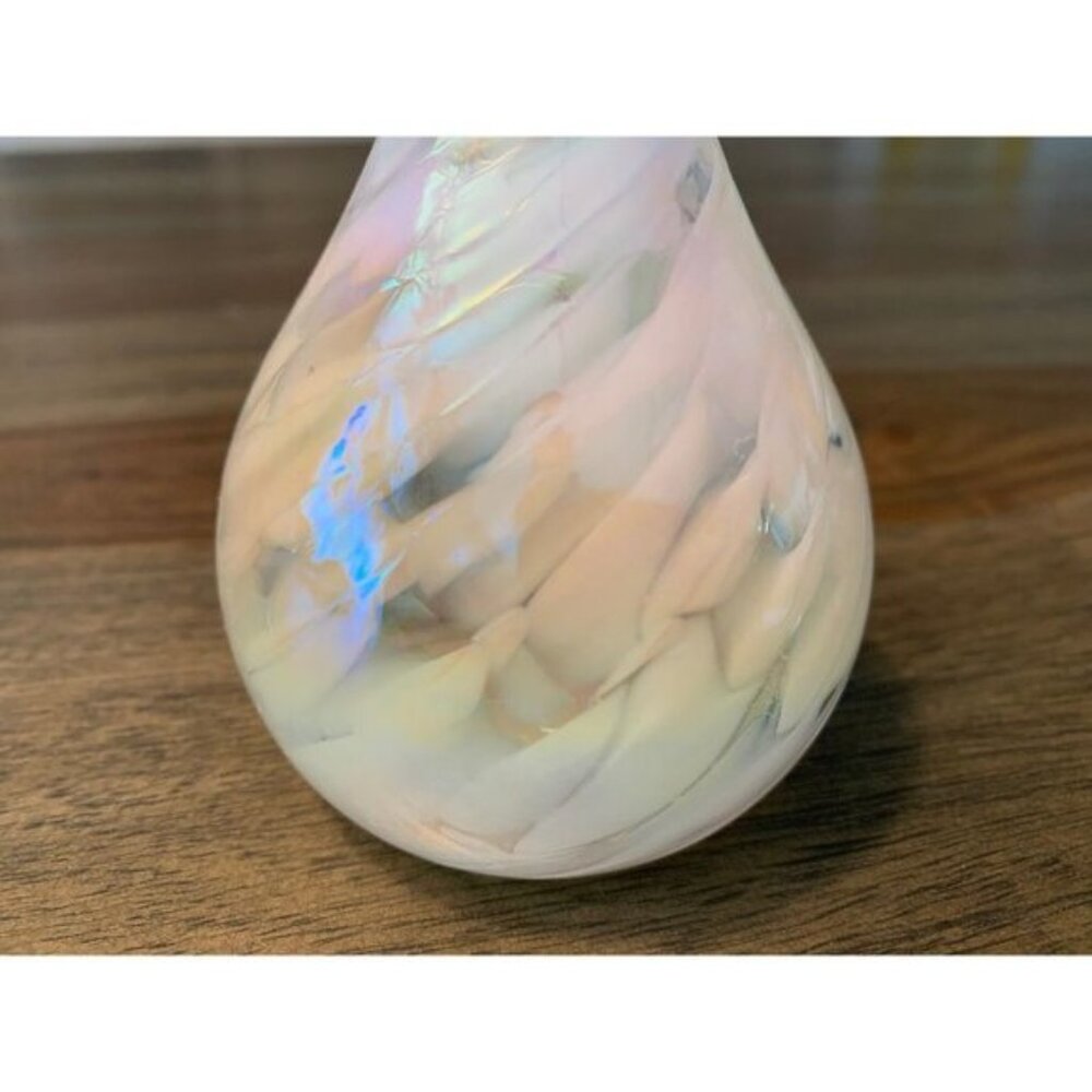 Glass Vase Signed Jan Benda Teadrop Shaped Iridescent White Swirls Single Flower